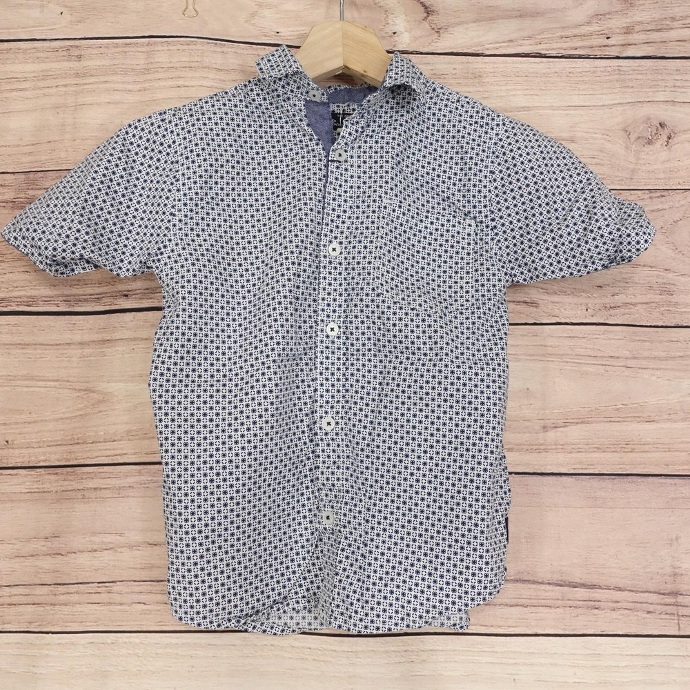 Ben Sherman Shirt Boys 6 Blue Geometric Short Sleeve Button-Up Cotton Pocket